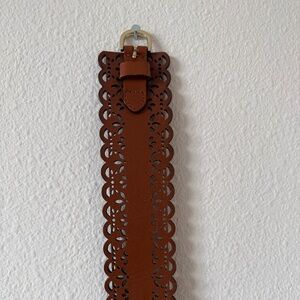Anthropologie Hinge Brown Laser Cut Leather Stretch Belt - Size M/L
